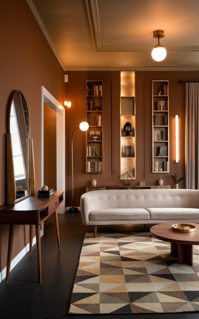 A photo of a cozy mid-century modern living room painted in warm cocoa brown. The room is fully furnished with a sleek walnut console table with a vintage mirror by the entrance. A low-profile mid-century sofa in a light neutral fabric, a geometric rug, and a round wooden coffee table are placed in the living room. A tall bookshelf, brass accents, and soft ambient lighting are present. The overall ambiance of the room is inviting and retro-modern. The ceiling is painted in beige and has a globe chandelier with warm light on.