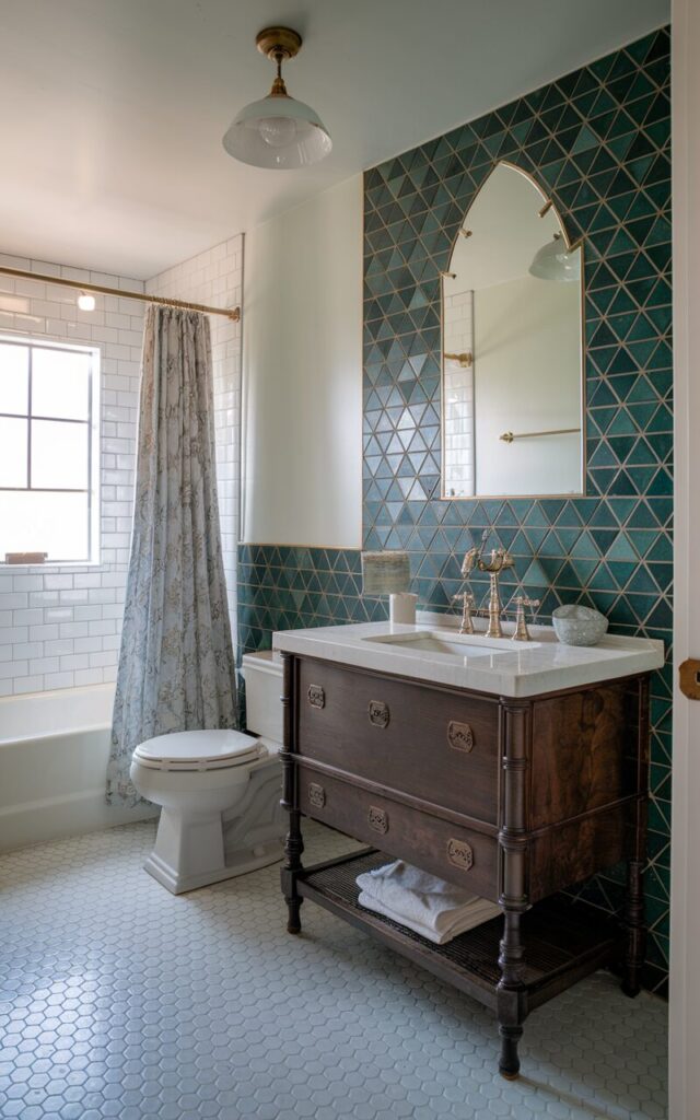 A photo of a fully furnished Craftsman + Victorian style bathroom. The floor features elegant hexagon tiles in a soft monochrome palette. Above the vintage wooden vanity, a triangle-shaped tile arrangement in deep emerald or navy creates an eye-catching design behind the sink. This design is bordered with thin brass trim. The bathroom has a toilet, shower area, curtained window, and a ceiling pendant light. 