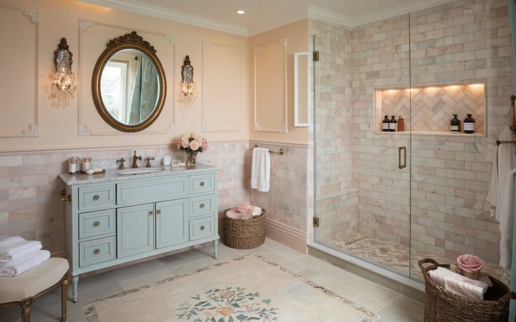 A photo of a fully furnished marble bathroom with an English countryside charm and glamorous details. The vanity area features a soft pink-toned marble tile backsplash in a gentle, cloudy finish, with a powder-blue vanity and antique brass fixtures. An ornately framed oval mirror hangs above the vanity, flanked by crystal wall sconces. The flooring features a floral-patterned marble medallion at the center, bordered by pale stone tiles. The shower area is enclosed in clear glass and includes a recessed niche with essentials items such as shampoo bottles, lined with herringbone-patterned pink marble, softly glowing with built-in LED lighting. The walls are painted in a creamy blush hue with subtle paneling. A vintage stool, fluffy towels, a vase of garden roses, and woven baskets add warmth and functionality. The space blends contrasting textures- refined stone, aged metals, soft linens- creating a lively, layered, and inviting atmosphere that feels both classic and indulgently fresh. Natural light is soft, ambient.
