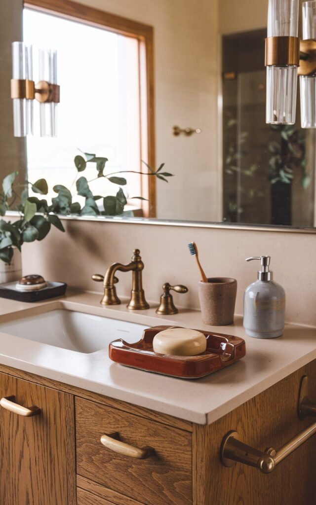 A photo of a mid-century modern bathroom with a stylish oak wood vanity and a cream countertop. On the counter, there is a vintage ceramic ashtray repurposed as a unique soap dish, a ceramic toothbrush holder, a brass soap pump, and a small catch-all tray for rings or grooming tools. The ashtray has a retro shape and a glazed finish with a cream-colored soap on it. Above the counter, there is a wide mirror with vintage sconces providing soft lighting. The backdrop includes warm tones, clean lines, and a hint of greenery for a lived-in, curated feel.