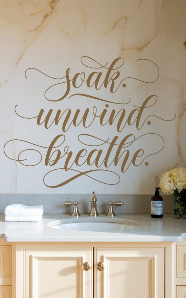 A photo of a glam bathroom with a vanity featuring a backsplash. The backsplash has a small font decal that says "Soak. Unwind. Breathe." in an elegant script font with soft curves in gold. The decal is small and stylish. The vanity and bathroom are fully furnished. Natural light is ambient, even, and golden.