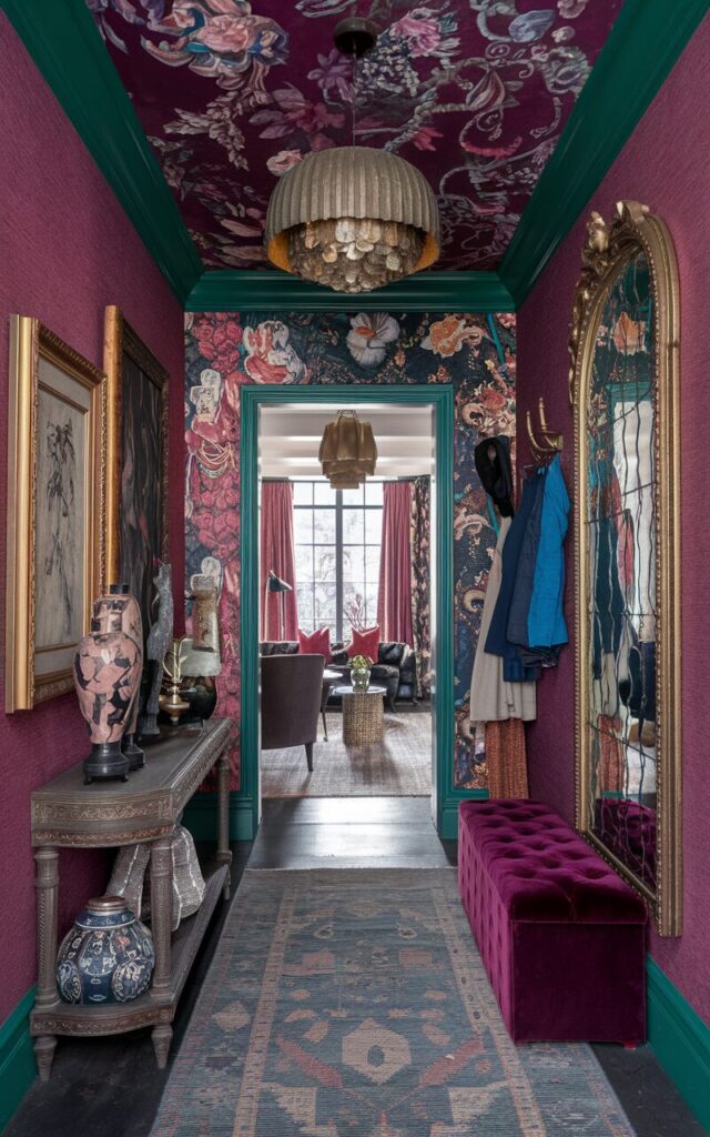 A photo of a maximalist-style hallway leading to a living room. The ceiling is painted in a bold jewel tone, such as emerald green, deep plum, or cobalt blue, and features a dramatic patterned wallpaper with florals, baroque swirls, or eclectic geometrics. The walls have plain textured muted tones, with 2-3 gallery-style artwork in ornate frames. The floor may feature a layered rug. Functional elements include a vintage console table with decorative objects, a velvet bench with storage, a few wall hooks with coats, hats, and a tall mirror with a gilded frame. A statement chandelier or oversized pendant light hangs from the ceiling, enhancing the layered, expressive feel. Every inch of the hallway tells a story—vibrant, curated, and unforgettable.