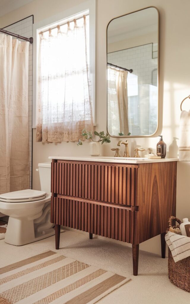 A photo of a mid-century modern bathroom with a rich walnut tambour panel vanity. The vanity has distinctive vertical slats, adding texture and warmth. It features a smooth, curved edge and tapered legs. Complementing the walnut, the space includes a matte white countertop, brass hardware, and a large frameless mirror. Natural light filters softly through a nearby window with beige lace curtains. The surrounding space contains a toilet, a shower area, a floor rug, and a storage basket with essentials.