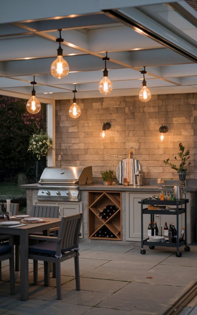 A photo of a modern English countryside outdoor kitchen at dusk. There are 4-5 edison bulb pendant lights hanging over the cooking area. The kitchen has a cooking area with a grill and a dining area with seats. There are cabinets, a wine rack, and a moving cart with essentials. The light from the pendant lights warms up the space.