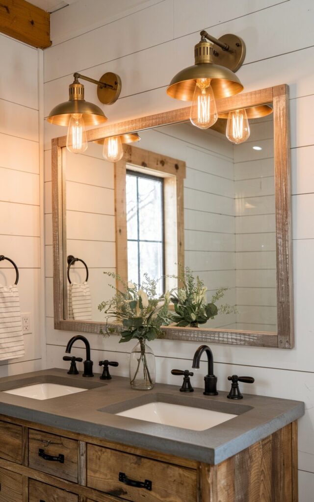 A photo of a modern farmhouse bathroom with a rustic wooden vanity and a large rectangular mirror. Above the mirror, there are two farmhouse-style barn lights with brass metal shades and visible Edison bulbs, casting a warm, inviting glow. The background includes white shiplap walls and natural wood accents for a cozy, vintage look.