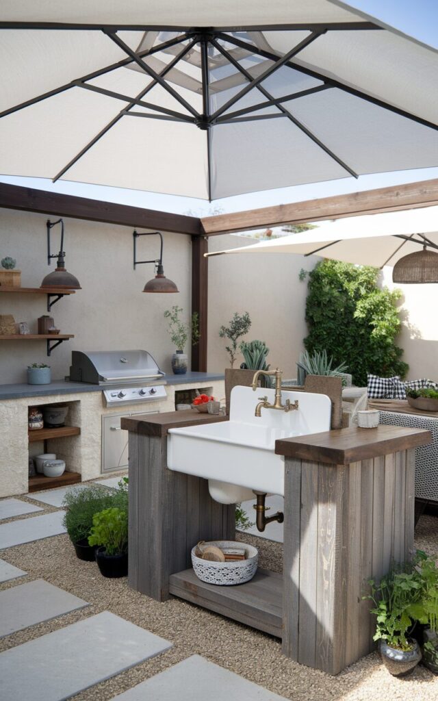 A photo of a modern farmhouse outdoor kitchen with a freestanding outdoor sink unit separate from the main countertop. The sink unit is crafted with a white farmhouse basin and brushed brass fixtures. The space is in a corner layout under an umbrella-style pergola with a light fabric canopy, creating soft shade above. The main kitchen counter is made of weathered wood with stone accents and includes open shelving, a grill, and rustic pendant lighting. The other space includes a dining and seating area with a shade. Surrounding the area are potted herbs, a gravel ground cover, and black-and-white checkered textiles, blending farmhouse charm with clean modern lines.