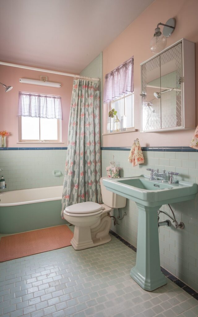 A photo of a retro and vintage full bathroom with small square tiles in a solid pastel pattern, featuring soft mint green, blush pink, and sky blue. The tiles cover the floor and halfway up the walls, bordered with a slim bullnose trim. A pedestal sink with chrome cross-handle faucets sits beneath a vintage medicine cabinet with beveled glass. The bathtub is classic with curved edges, and the shower curtain features a retro geometric print. Accents like glass jars, floral hand towels, and a mid-century light fixture add nostalgic charm. The bathroom also has a toilet, shower area, curtained window, floor rug, etc.