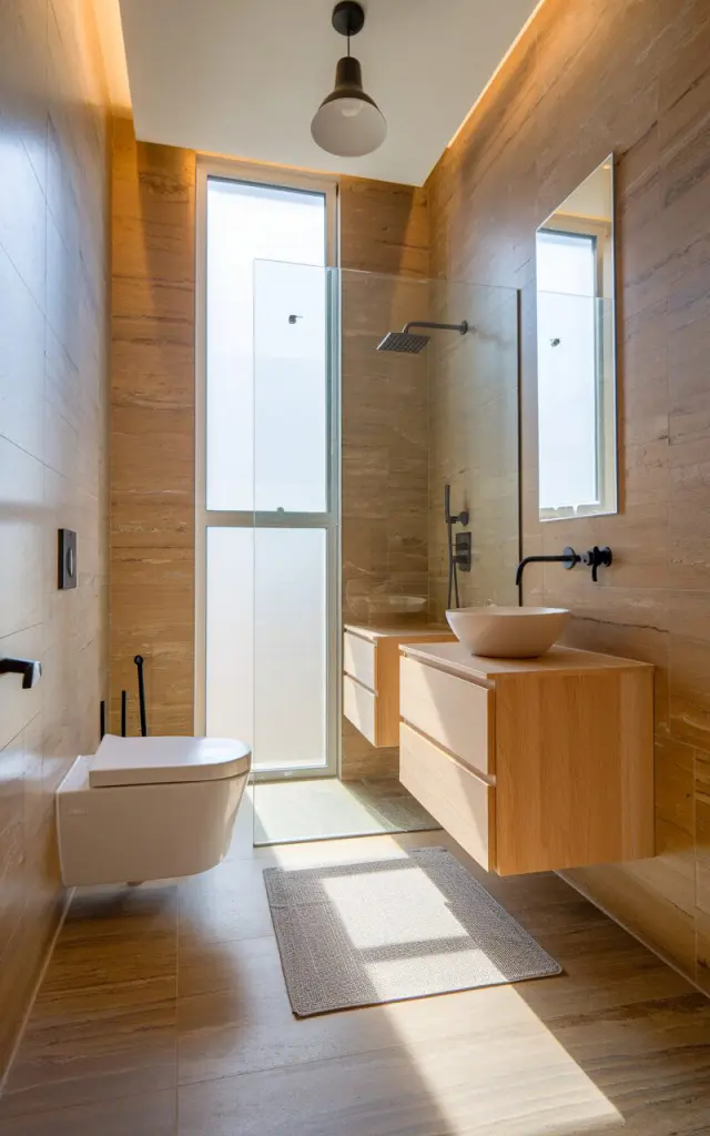 A photo of a small full bathroom with a sleek design. The room has a continuous wrap of natural stone texture tiles from floor to ceiling in warm beige tones. There is a floating light wood vanity topped with a simple white basin. Matte black fixtures add contrast and modernity. A frameless glass shower enclosure is present. Soft natural light filters through a frosted window, highlighting the seamless, tall tiled walls. The bathroom also has a toilet, floor rug, and ceiling pendant light.
