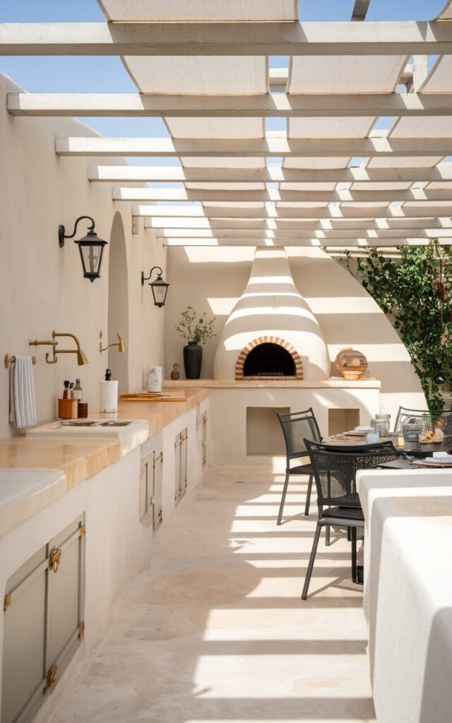 A photo of an elegant outdoor kitchen with smooth, white stucco walls. The kitchen has a built-in counter and a wood-fired oven, with warm beige limestone countertops. There are sleek brass fixtures and minimalistic cabinetry in soft taupe. Above, wooden beams support a pergola draped with light linen fabric, offering filtered shade. There are cooking essentials, tools, and hand towels on the stucco ledge. Wrought iron sconces and a bistro-style dining set are also present. The space has a cooking station and a dining area.