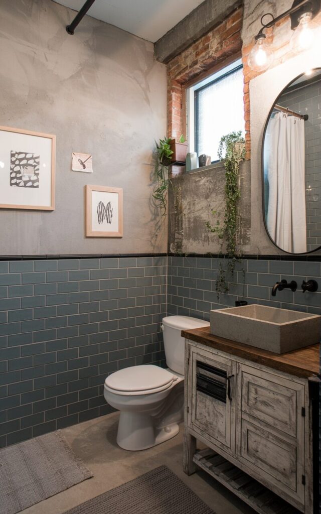 A photo of an industrial-chic bathroom with a two-tone tile wall. The lower half of the wall is clad in matte charcoal gray subway tiles laid in a classic brick pattern. The upper half of the wall contrasts with smooth, light concrete-look tiles in soft dove gray. There is a black metal trim strip that separates the two tones. The bathroom has a few framed art pieces, exposed brick, raw concrete accents, a reclaimed wood vanity with a concrete basin, minimalist lighting, and a few plants. The bathroom contains a toilet, a shower area, a curtained window, and a floor rug.