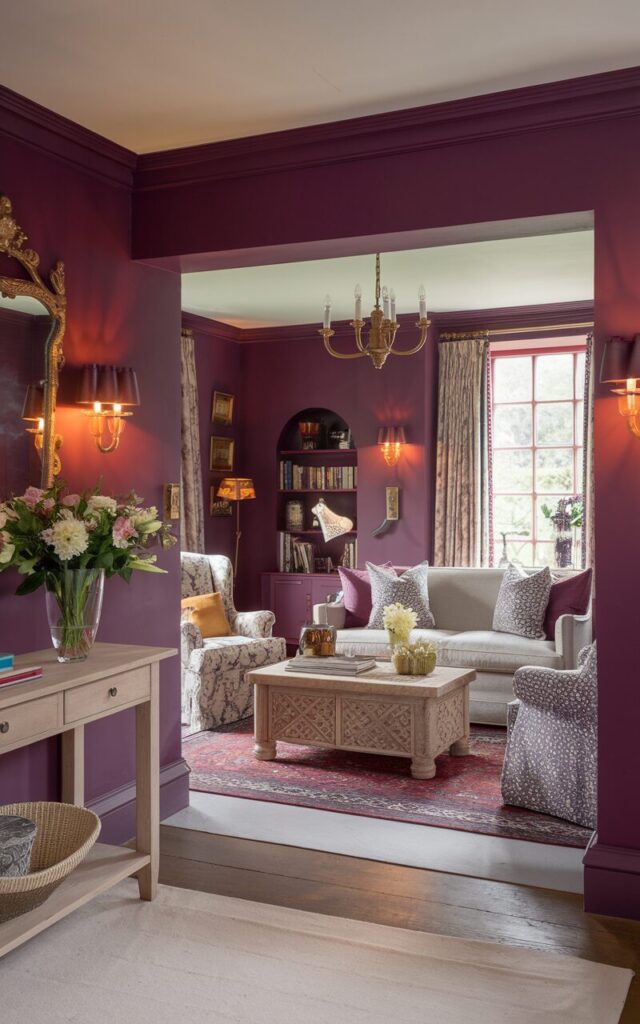 A photo of a posh English countryside living room painted in rich plum purple. There is a light wood console table with a vase of fresh flowers and a gilded mirror above it. Beyond the entrance, the living room is furnished with a light-colored sofa, patterned armchairs, and a carved wooden coffee table atop a Persian rug. There is a small arched bookshelf, a curtained window, and warm lighting from a chandelier and sconces. The room has a cozy yet sophisticated countryside charm and is filled with natural light.