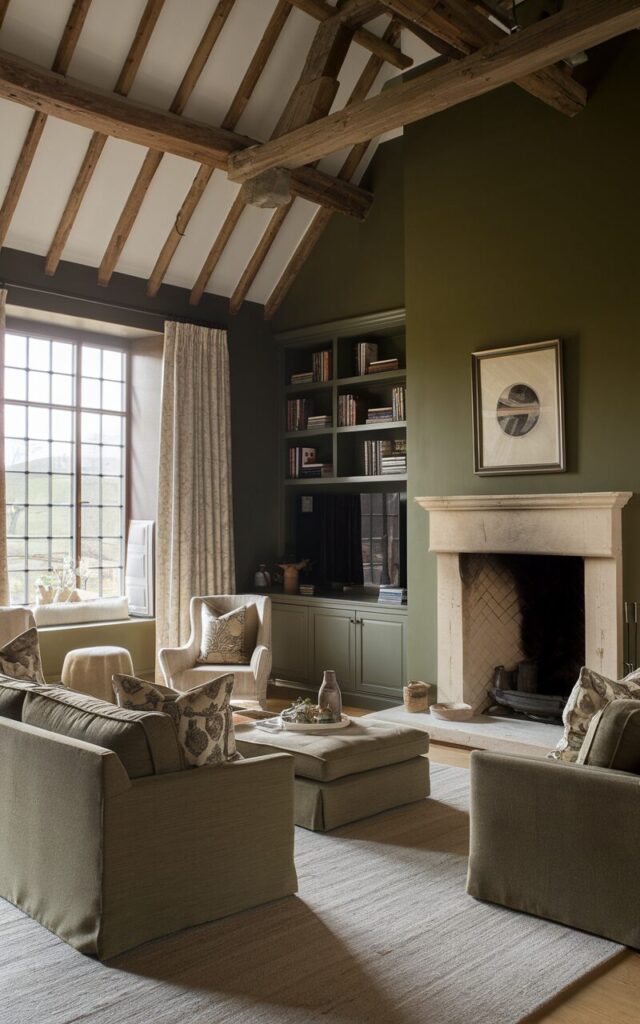A photo of a deep olive green open-plan living room in a posh countryside setting. The walls are painted in deep olive green, creating a rich, grounded atmosphere. The walls feature the deep olive hue contrasted with warm wood beams and light stone accents. A cozy fireplace with a rustic stone surround anchors one side of the room, while a sleek modern TV console and a built-in bookshelf with neatly arranged books and decor provide stylish contrast. Plush neutral-toned sofas with patterned throw pillows sit atop a soft wool rug. Large window with light drapes let in natural light, balancing the earthy, sophisticated charm of the space.