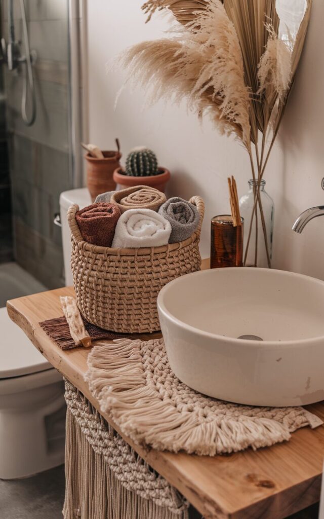 A photo of a boho-style bathroom with a raw wood countertop and a white ceramic vessel sink. There is a handwoven rattan basket beside the sink, holding several neatly rolled hand towels in earthy tones. The basket rests atop a macramé mat. A terracotta planter with a cactus, a palo santo stick, and a glass bottle with dried grasses are placed around the basket. The overall look is carefree, cozy, and full of earthy, handcrafted character. The background contains a toilet and a shower area. The natural light is subtle and warm.