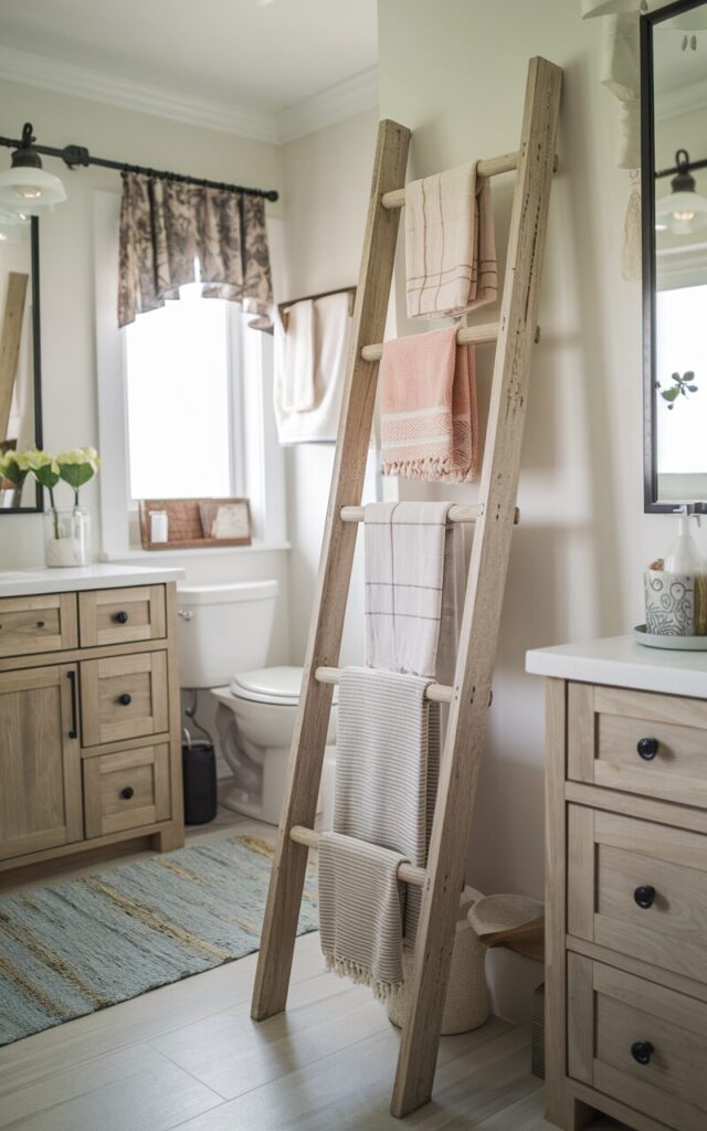 A photo of a rustic modern farmhouse bathroom with a wooden ladder rack as storage and decor. The ladder rack is made of lightly weathered oak and leans against the wall. Hand towels of various sizes and styles hang from the ladder's rungs, adding a lived-in feel. The bathroom features a vanity, a toilet, cabinets, a floor rug, and a curtained window. The space is well-decorated and fully furnished. The lighting is soft and natural.