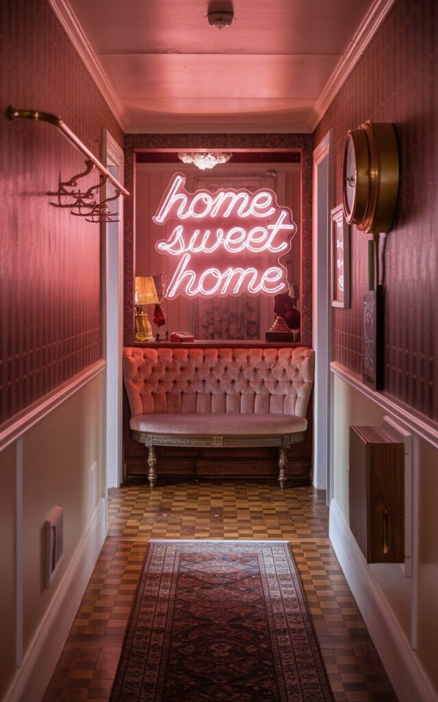 A photo of a retro-style hallway leading to a cozy living room. The hallway is lined with vintage wallpaper and has parquet flooring. There is a brass coat rack and a rotary-style wall clock. A patterned runner rug leads to the living room. Above a tufted velvet bench, there is a glowing neon sign that reads "Home Sweet Home" in classic cursive. The sign is lit in soft pink. The living room has a warm, rich tone and is filled with charm and nostalgic character.