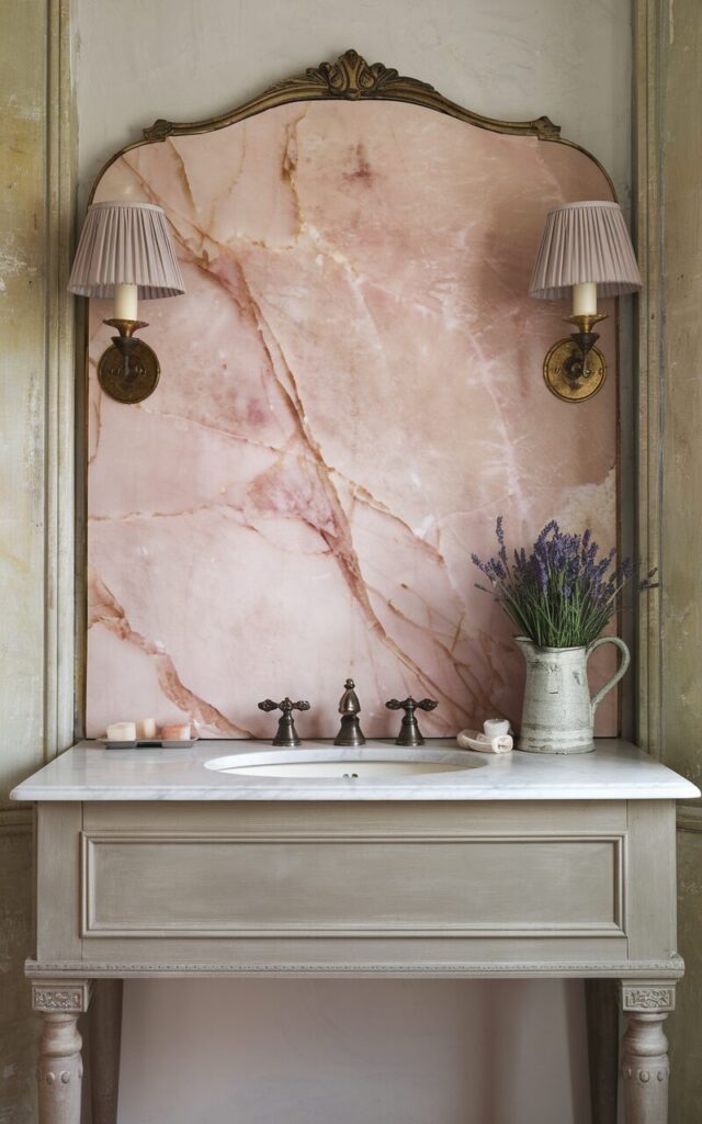 A photo of a romantic French country bathroom with a pink marble backsplash behind a vintage-style vanity. The marble slab has soft rose and blush tones with elegant white veining, stretching from the countertop to just below a gilded antique mirror. The vanity is painted in a muted dove gray with carved legs and aged brass hardware. Twin sconces with pleated linen shades frame the mirror, casting a warm glow across the stone. The walls are finished in limewash with subtle texture, and fresh lavender in a ceramic pitcher adds a rustic touch. The overall look is refined, graceful, and timelessly French.