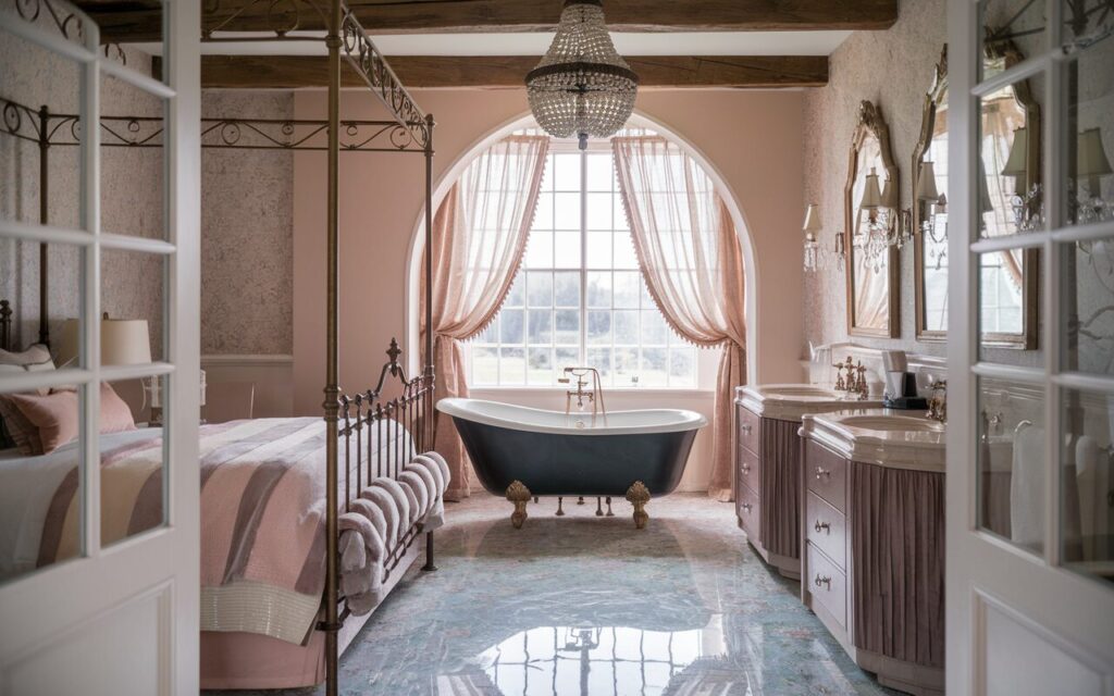 A photo of a romantic and elegant ensuite bathroom flowing directly from a charming English countryside bedroom. The bedroom features a wrought iron canopy bed with layered linen and velvet throws in soft rose and cream tones. Through a wide arched opening, the ensuite bathroom comes into view, framed by aged oak beams and blush-toned wallpaper with a subtle botanical pattern. Inside the bathroom, a clawfoot tub with a high-gloss black exterior and polished brass feet sits beneath a paned cottage-style window, dressed in sheer embroidered drapery. The double vanity is vintage-inspired with a marble top, fluted detailing, and crystal knobs, paired with a scalloped-edge mirrors in antique gold. A beaded chandelier casts soft light over the room, reflecting off a glossy floral mosaic tile floor. French doors off to the side hint at a garden beyond, completing the feeling of countryside serenity wrapped in refined glamour.