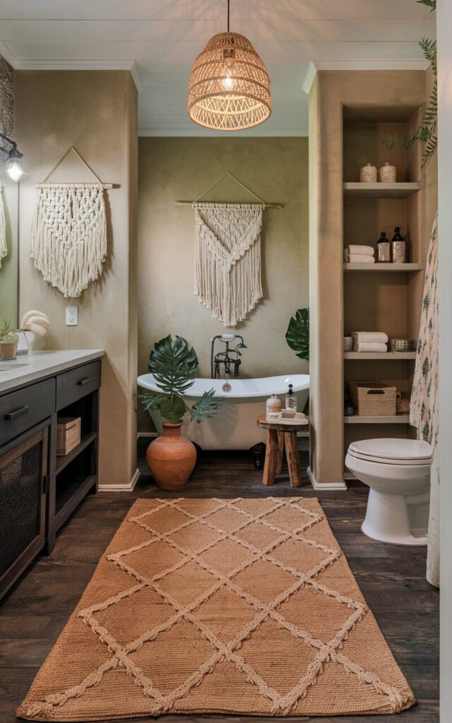 A photo of a rustic and boho full bathroom. The room features a patterned jute rug in a sandy tone. The rug is placed over dark wood-look flooring. There is a freestanding tub near the rug, flanked by a reclaimed wood stool and leafy greenery in a clay pot. The walls are finished in a soft taupe limewash. There is a macramé wall hanging and a rattan pendant light (Warm light on). The room is fully furnished with a contrasting vanity, open shelves, and a toilet. The space is well-decorated and lively.