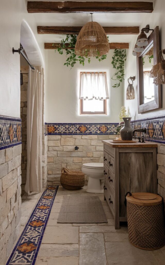A photo of a rustic Mediterranean-style bathroom with a fun patterned border tile. The floor and lower walls are covered with stone-look tiles. A narrow horizontal border tile in bold Mediterranean patterns—cobalt blue, mustard, and burnt orange—wraps around the room. Above the border, white walls keep the space feeling airy. There is a wood-framed mirror, weathered wood vanity, and antique bronze fixtures. Woven baskets, a ceramic jug, and leafy greenery bring the Mediterranean countryside vibe to life in a cozy, handcrafted space. The space has a toilet, shower area, curtained window, and floor rug. Natural light is soft.