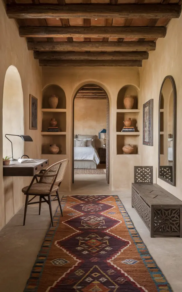 A photo of a rustic Mediterranean-style hallway leading to a bedroom. The floor is covered with a bold, patterned, and textured runner rug in rich terracotta, indigo, and ochre tones. The walls are finished in warm-toned plaster. Wooden beams run across the ceiling. Along one wall, there is a mini workspace with a wooden desk, a rattan chair, and a reading lamp. Built-in shelves hold pottery and books. A carved wood bench with storage and an arched mirror are also present. The runner rug serves as the focal point of the floor, adding color, comfort, and a Mediterranean feel to the hallway.