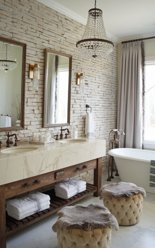 A photo of a rustic-glam bathroom with a creamy white marble double vanity on a reclaimed walnut base. The wall behind the vanity is covered in stacked stone. There's a crystal chandelier hanging overhead, and the vanity has bronze-framed mirrors and gold-accented fixtures. Near the window, there's a freestanding white tub, and the room has soft linen curtains and fur-trimmed stools or a tufted ottoman for added softness.
