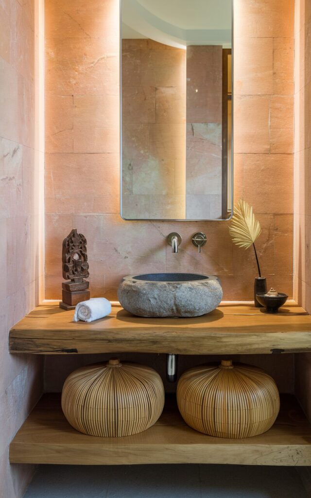 A photo of a serene Balinese chic bathroom vanity. The vanity has a floating teakwood counter and a stone round sink. There are two smooth, natural bamboo lidded boxes on the counter for discreetly storing items. The decor includes a small carved wooden sculpture, a rolled hand towel, and a ceramic incense holder. The wall behind the vanity has warm pink marble tile, and there is a frameless mirror that reflects soft ambient light. The overall vibe is calming, tropical, and effortlessly refined, where function meets Zen-inspired beauty.