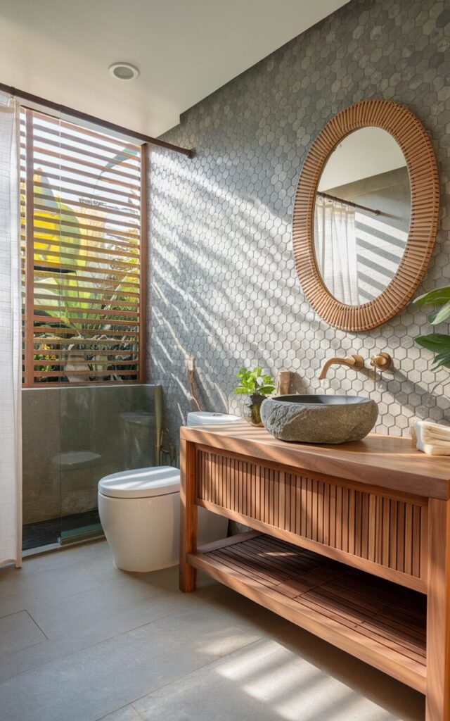 A serene Balinese-inspired full bathroom with a hexagon tile backsplash behind a natural stone basin sink. The small hex tiles—matte and subtly textured—come in earthy tones like sand, charcoal, and soft sage, adding a modern edge while echoing natural elements. The vanity is handcrafted from warm teak wood, paired with brushed brass fixtures and an oval rattan-framed mirror. Soft daylight filters through wooden slatted windows, casting dappled shadows across the stone and tile. Add a few plants. The space has a toilet, shower area, curtained window, etc., photo
