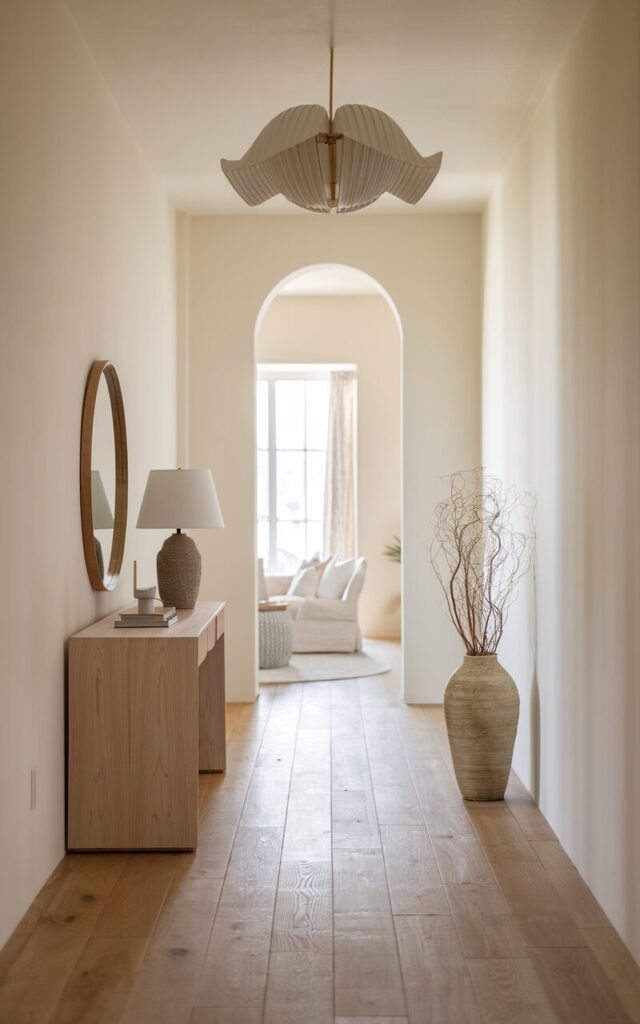 A serene Japandi-style narrow hallway with clean lines, neutral tones, and natural wood accents. The focal point is a sculptural, oversized sculptural statement chandelier hanging gracefully from the ceiling. The walls are painted in soft off-white or taupe, paired with warm oak or ash wood flooring. A console with a mirror and lamp rests against one wall, accompanied by a tall ceramic vase with dried branches. The hallway leads to a living room.