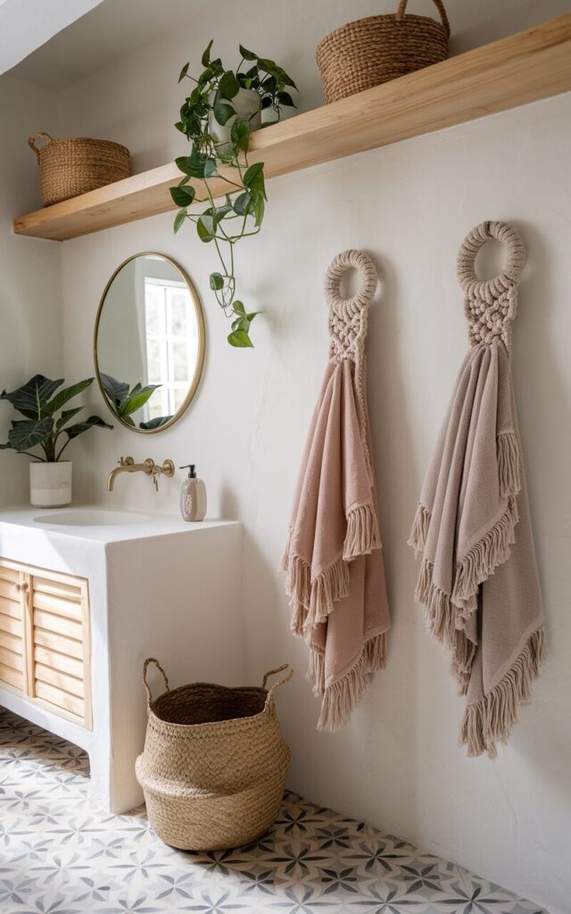 A photo of a serene Modern Boho bathroom with white plaster walls, light oak shelves, and patterned encaustic tiles. The room has a potted plant, a round brass mirror, a vanity, and woven baskets. The bathroom also features two handwoven macrame towel holders made of natural cotton rope, with their intricate loops and knots cradling soft, fringed towels in muted earth tones.