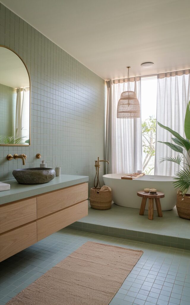 A serene Scandi + Balinese luxe bathroom designed with a single-color tile palette for a clean, calming aesthetic. Soft sage green tiles cover the walls and floor in a matte finish, creating a seamless, spa-like environment. The space features a floating light wood vanity with an integrated stone basin, minimalistic brushed brass fixtures, and an arched mirror. A freestanding tub sits near a window framed by sheer linen drapes, surrounded by woven baskets, teak stool, and tropical greenery. Natural light and organic textures—rattan, bamboo, and smooth stone—enhance the tranquil blend of Scandinavian simplicity and Balinese retreat-style luxury.