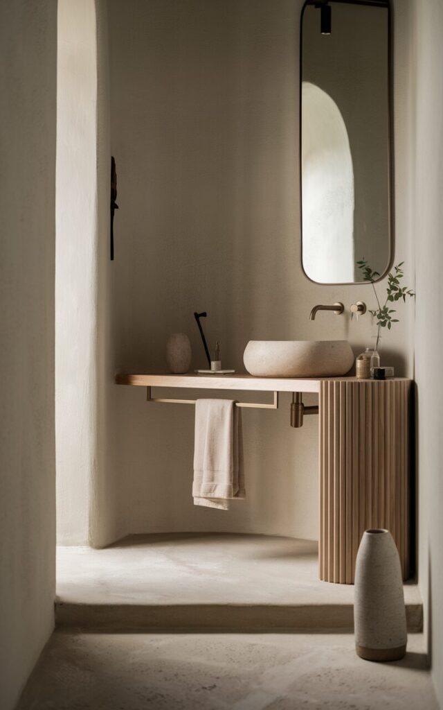 A photo of a serene and sophisticated bathroom with a modern Japandi aesthetic. The room features clean lines, natural textures, and a muted color palette. There is a slim, brushed brass towel bar beneath a light-oak vanity, which holds beige linen towels. The floor is made of smooth stone, and there is a round vessel sink, a minimalist mirror, and a small ceramic vase with a single sprig of greenery in the room. The natural light is soft and ambient.