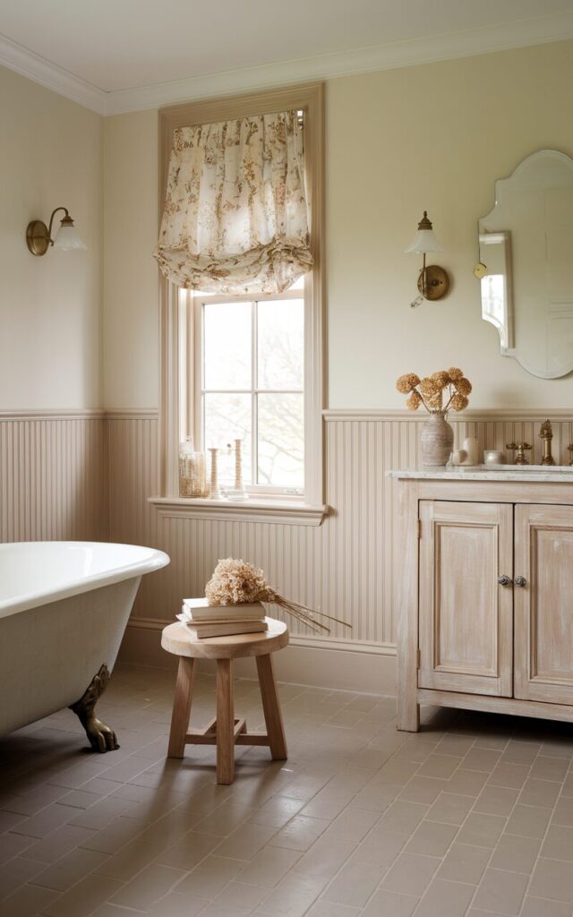 A serene cottagecore bathroom with a floor made of matte porcelain tiles in a soft light mocha tone. The tiles have a smooth, velvety finish that softly absorbs light, creating a warm and grounded atmosphere. Surrounding the floor are elements like a clawfoot tub with brass feet, a dainty floral curtained window, and a pale wood stool topped with stacked books and a dried flower bundle. There is a distressed wooden vanity with scalloped mirror and wall sconces. The walls are painted in a creamy ivory, with delicate details like beadboard. The entire space feels peaceful, lived-in, and lovingly layered—like a countryside retreat built for quiet moments. Natural light is mild, soft.
