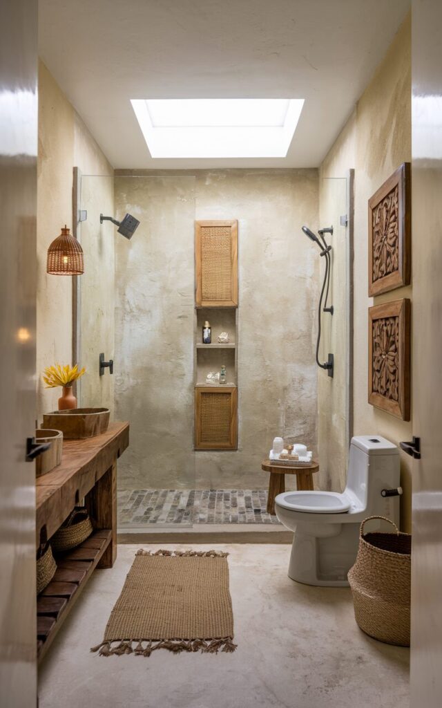 A photo of a serene ensuite bathroom blending cottagecore charm with Balinese tranquility, featuring a skylight installed directly above the shower to bring in daylight while preserving privacy. The shower is enclosed in warm-toned stone or handmade tiles, softened by bamboo or teak wood accents. The walls are lime-washed or textured, evoking a rustic, handmade feel, while decorative carved wood panels and woven baskets add island soul. The outside of the shower area has a wooden vanity, a toilet, a stool, a floor rug, etc. The view is from the bedroom.