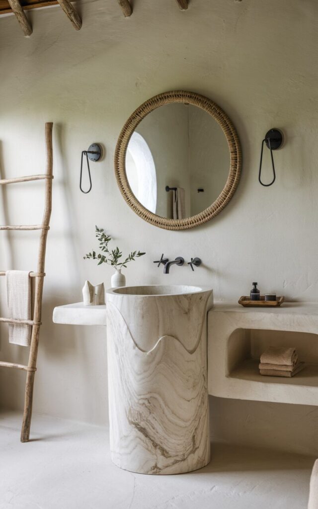 A serene farmhouse-meets-Balinese style bathroom featuring a hand-carved marble pedestal sink with gentle, organic curves. The sink stands as a sculptural centerpiece against a backdrop of lime-washed plaster walls in a soft sand tone. Natural teak wood accents—like a rustic ladder towel rack and a floating shelf—bring warmth and balance. A large round mirror with a handwoven rattan frame hangs above the sink, flanked by simple black metal sconces. The overall vibe is minimalist, calming, and deeply textural. 