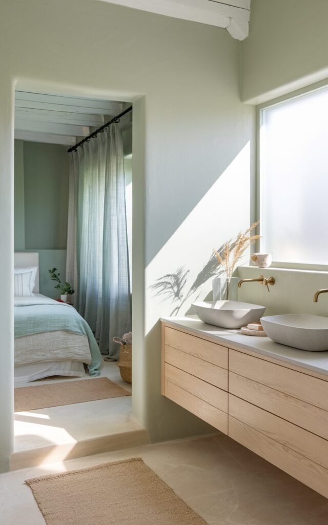 A photo of a serene, fully furnished ensuite bathroom in Scandi + coastal style, seamlessly connected to a soft, airy bedroom. The bathroom walls are painted in a pale seafoam green that gently echoes the muted sage tones of the bedroom visible through an open doorway. Natural light floods the space through a frosted window, casting soft shadows. The bathroom features light oak wood cabinetry, a floating vanity, matte white vessel sinks, and minimal brass fixtures. The floors are pale stone or light wood, continuing from the bedroom to enhance flow. Linen curtains hang gently, and subtle woven textures—like a jute rug or seagrass basket—accent the room. The overall mood is calm, bright, and harmonious, emphasizing the visual link between both spaces.