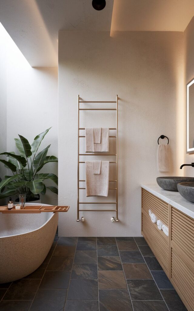 A serene modern Asia Zen meets contemporary bathroom with a clean, meditative layout and thoughtfully placed elements. Near a freestanding stone bathtub, a sleek, vertical towel warmer (with neutral towels hanging) in a thin brass finish—its warm metallic sheen adding a soft glow against neutral plaster walls. The room blends natural textures—smooth bamboo cabinetry, slate tile flooring, and light wood slat accents—with minimal, calming lines. A large indoor plant near the tub adds a sense of harmony, while a backlit mirror and soft ambient lighting enhance the spa-like atmosphere. Black hardware and a stone basin introduce contrast without clutter. The brass towel warmer not only elevates comfort but acts as a sculptural element, bridging warmth, utility, and style in one quiet statement.