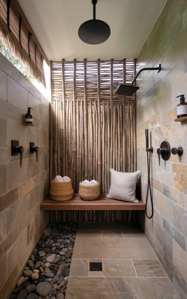 A photo of a serene modern Balinese bathroom. The room features a luxurious walk-in shower with a large, ceiling-mounted rainfall showerhead. The shower walls are clad in natural stone tiles with warm earthy tones. Vertical wooden slats add texture and a calming vibe. The shower floor features smooth river stones that invite a barefoot spa-like experience. A teak bench sits inside the shower for relaxation and storage of natural fiber baskets holding rolled towels and spa essentials. Soft natural light filters through bamboo blinds. Matte black fixtures with subtle gold accents complete the look, blending minimalist modernity with exotic Balinese warmth and tranquility.