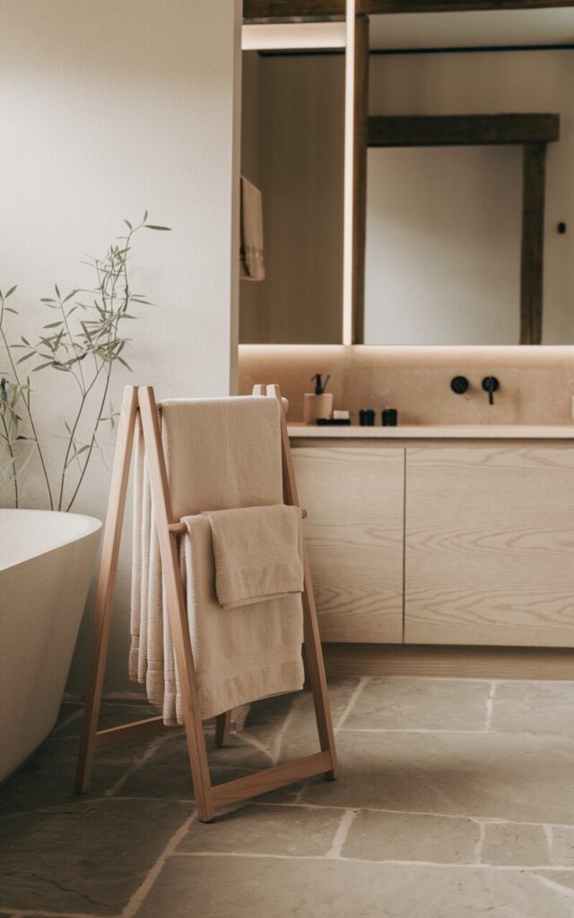 A photo of a serene modern Japandi bathroom with clean lines, neutral tones, and natural textures. There is a minimalist freestanding wooden towel rack with smooth, rounded edges next to a deep soaking tub, holding neatly folded linen towels in soft beige. The space features light oak cabinetry, matte black fixtures, and stone tile flooring. There are a few sprigs of greenery and soft ambient lighting to create a calm, balanced atmosphere.