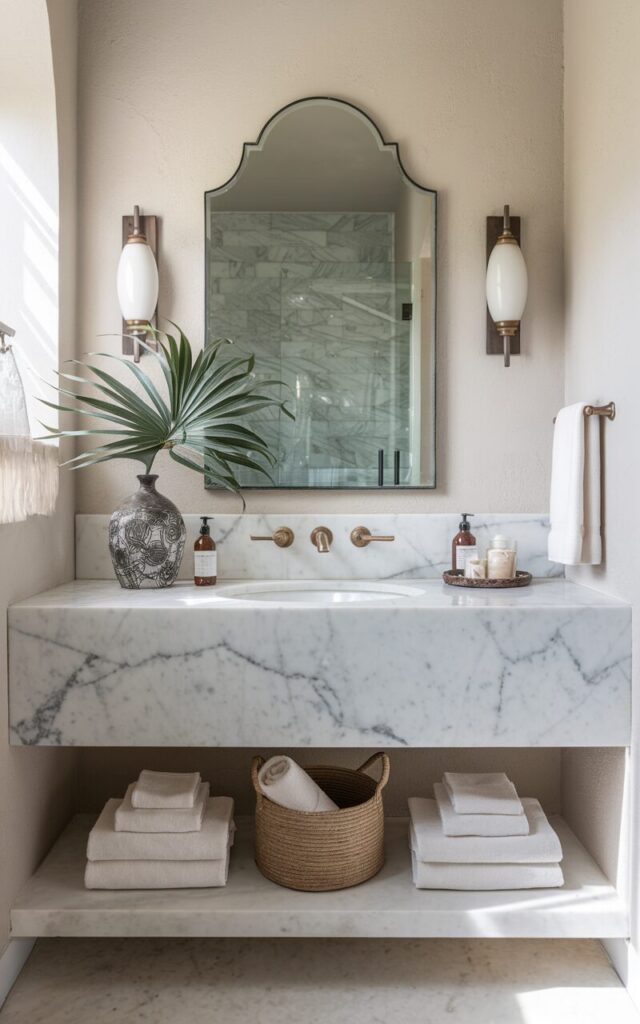 A photo of a serene naturalist modern bathroom with a sleek marble vanity. The vanity has soft white and gray veining and is balanced by organic textures and earthy details. There is a plant in a decorative vase and designer hand towels neatly rolled up inside a small woven basket on the vanity. The vanity has a scalloped mirror with scones on either side and a marble backsplash. The room is filled with natural light that is filtered and soft.