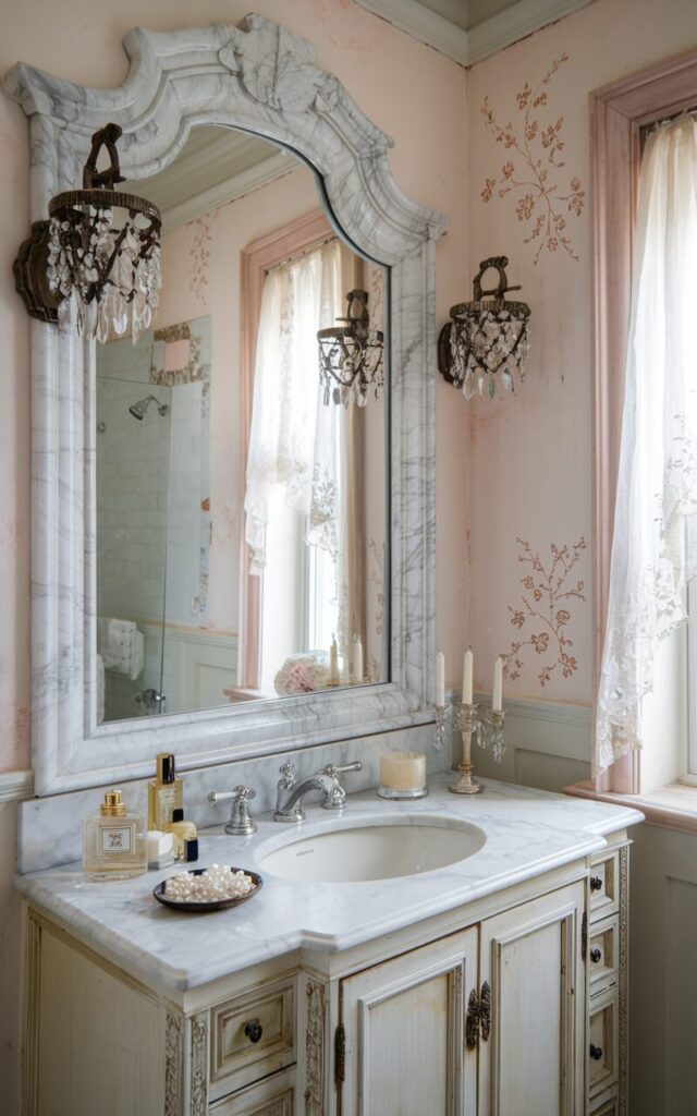 A photo of a shabby chic bathroom with a touch of glam. The focal point is a large vanity mirror framed in polished white marble with delicate gray veining. The ornate marble surround adds elegance while contrasting beautifully with distressed white wood cabinetry below. The vanity is topped with a matching marble slab and decorated with vintage perfume bottles, a crystal candleholder, and a small dish of pearls. Above, a pair of antique-style wall sconces with dangling crystals bring a hint of sparkle. The walls are soft blush with subtle floral stenciling, and a sheer lace curtain flutters at a nearby window. The entire space blends charm and sophistication effortlessly.