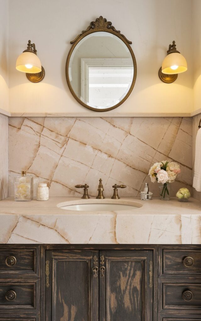 A photo of a shabby chic glam bathroom with a beige-toned marble slab backsplash. The marble has soft, flowing veins of cream and taupe. The backsplash is placed on distressed dark wood cabinetry. The bathroom also features vintage-inspired brass hardware. Above the backsplash, there is a softly ornate mirror with a gilded frame and wall scones on either side of the mirror casting yellow light.