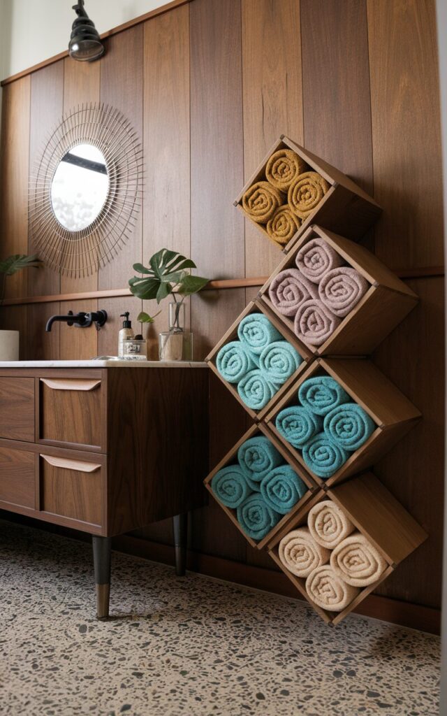 A photo of a mid-century modern bathroom with a warm walnut paneling and terrazzo flooring. There's a sunburst mirror above the vanity. Against one wall, there are 3-4 modular wooden cubes stacked in an asymmetric arrangement, each holding neatly rolled towels in muted mustard, teal, and cream tones. The space has tapered legs on the vanity, matte black fixtures, and a pop of greenery, blending retro charm with timeless functionality.