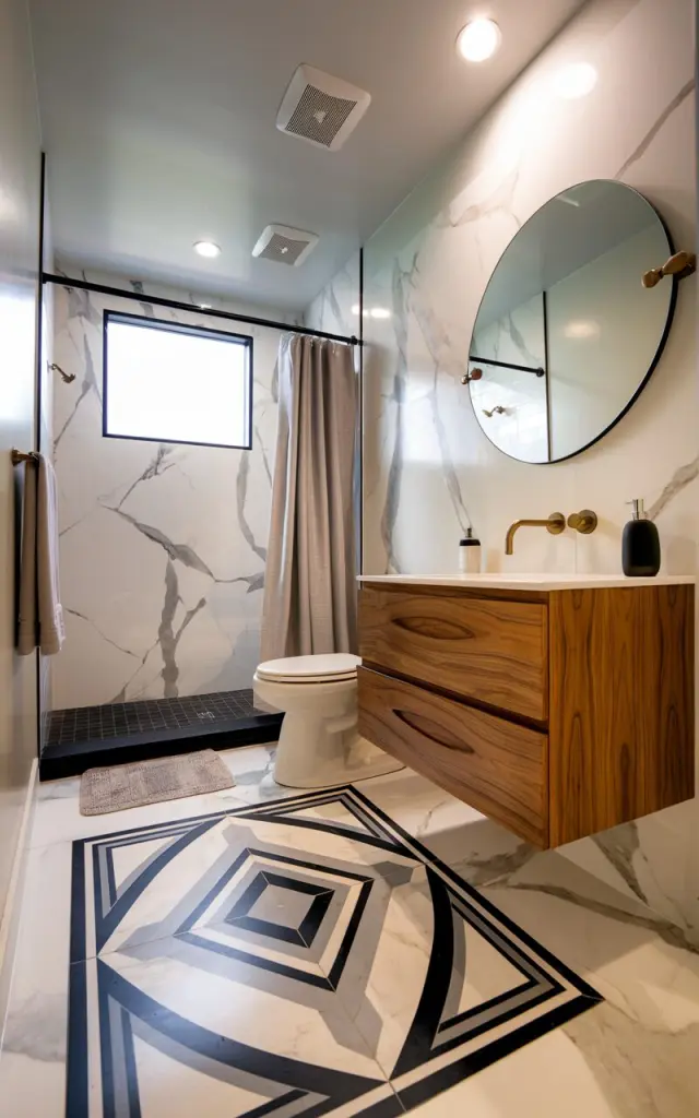 A photo of a mid-century modern bathroom with a custom marble floor medallion. The medallion features bold geometric shapes in contrasting black, white, and gray tones. The bathroom has a sleek design with clean lines and warm wood accents. There is a floating walnut vanity, a round frameless mirror with brass hardware, and minimalist matte black fixtures. The bathroom has a toilet, a shower area, a curtained window, a floor rug, and a recessed ceiling with LED lights. There is no natural light; only light from interiors.