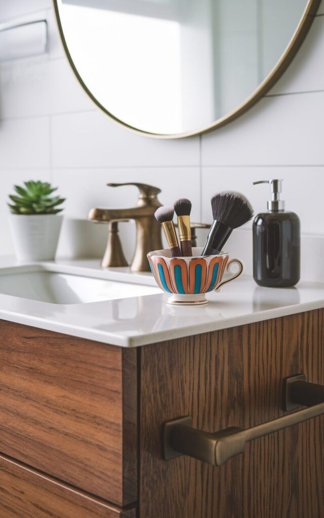A photo of a mid-century modern bathroom with a sleek vanity. The vanity has a warm walnut wood base and a white quartz countertop. Near the sink, there is a vintage porcelain teacup, possibly with a gold rim or a bold retro pattern, used as a makeup brush holder. The bathroom also features a round mirror with a thin brass frame, a streamlined soap dispenser, and a small potted succulent. The overall design is curated, unexpected, and combines form, function, and a touch of nostalgia.