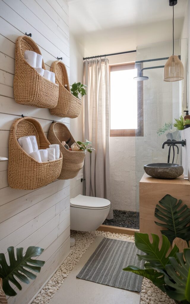 A photo of a small Balinese-Scandi fusion full bathroom. There are 2-3 woven baskets handmade in natural rattan and seagrass hanging on the wall. These baskets are used to hold rolled towels, skincare items, and bath accessories. The baskets are placed beside a whitewashed wood wall. The bathroom has a toilet, a curtained window, a shower area, a floor rug, and a pendant light. The overall space blends tropical textures with Scandinavian simplicity, with light wood tones, matte black fixtures, and a stone vessel sink atop a minimalist vanity. Pebble flooring, lush green plants, and soft linen textiles complete this serene, earthy, and functional retreat. The natural light in the bathroom is soft and ambient.