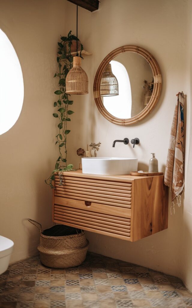 A photo of a small Boho-style bathroom with a floating, wall-mounted wooden vanity. The vanity has a natural finish and holds a sleek white basin with matte black fixtures. Beneath the vanity, there is a woven basket on the floor. The floor has patterned Moroccan-style tiles in earthy tones, and the walls are finished in warm white or clay-colored paint. Above the vanity, there is a round rattan mirror, flanked by hanging pendant lights with woven shades. The bathroom has a cozy, free-spirited Boho aesthetic, with accents like trailing plants, a Turkish hand towel, and artisanal ceramics. The natural light is soft and ambient.