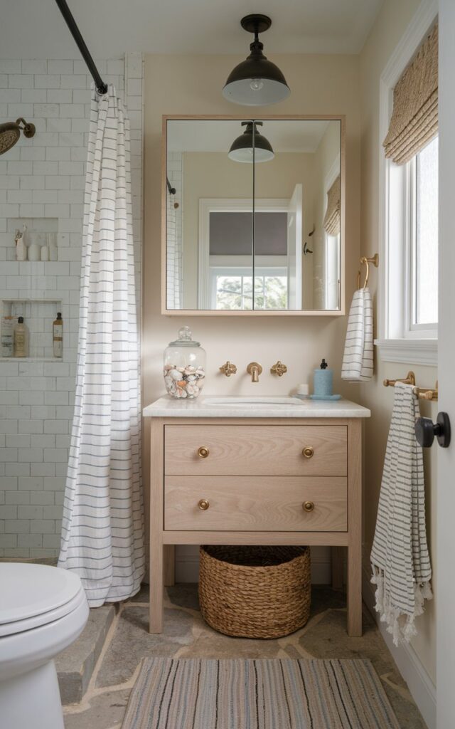 A photo of a small California coastal bathroom. The room features a wall-mounted mirror cabinet with hidden storage above a white vanity. The cabinet has a frameless mirror that reflects natural light. The bathroom has a relaxed coastal vibe with a color palette of soft whites, sandy beiges, and ocean blues. The vanity is compact and made of light oak, with brushed nickel brass fixtures. The room contains a glass jar filled with seashells, a woven seagrass basket under the vanity, and a striped Turkish towel nearby. The floor is covered with stone-look floor tiles and there are breezy linen curtains. The bathroom has a toilet, shower area, curtained window, ceiling pendant light, and a floor rug. The image is taken during dawn time with natural light.