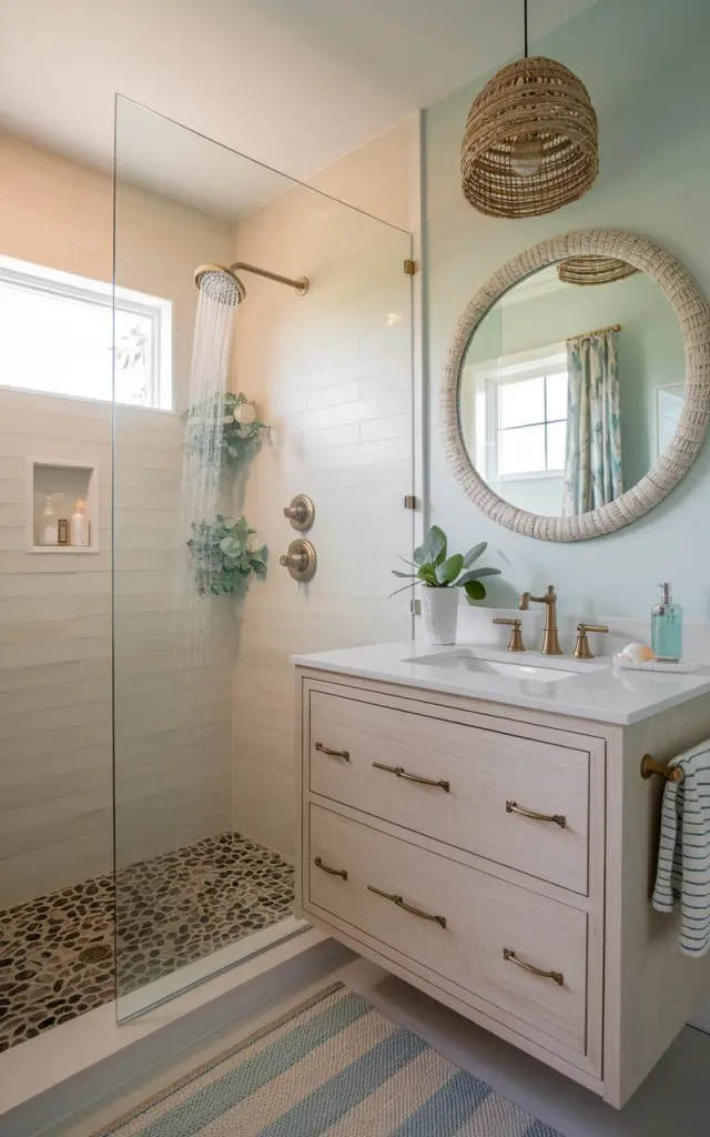A photo of a small California coastal bathroom where zones are subtly divided using a partial glass wall. The frameless glass panel separates the walk-in shower from the rest of the space without blocking natural light, keeping the room bright and open. The shower area features sandy-toned tiles and a sleek rainfall showerhead (water splashing), while the main area includes a light wood floating vanity with a white quartz top and brass hardware. Walls are painted in soft coastal hues—seafoam, pale blue, or warm white. A woven pendant light, driftwood mirror, and linen curtains add relaxed, beachy charm. Pebbled shower flooring and seashell accents subtly tie in the coastal vibe.