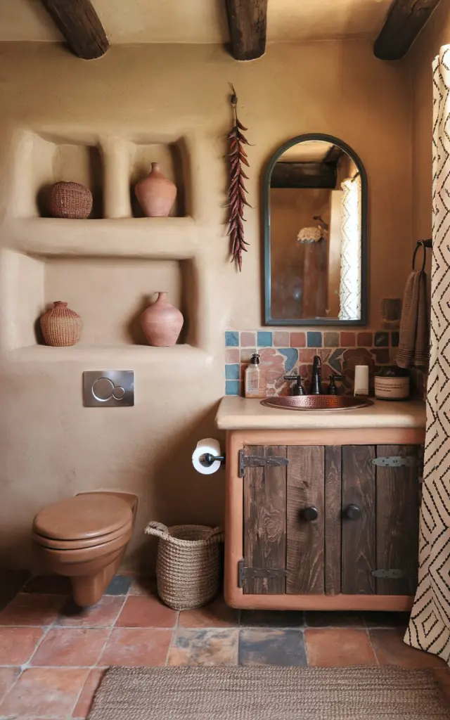 A photo of a small Southwestern traditional bathroom with warm, earthy tones and handcrafted charm. Recessed shelves are built seamlessly into a textured adobe-style wall, staying flush to maximize space. The shelves hold terracotta pots, woven baskets, and artisan soaps. The walls are coated in soft sand or clay-colored plaster, with hand-painted Talavera tiles as a backsplash. A compact wooden vanity with a hammered copper sink and rustic iron hardware sits beneath a rounded arch mirror. The floor features terracotta tiles with natural imperfections. A woven rug and hanging dried chili ristra add authentic Southwestern detail in this cozy, well-utilized space. The bathroom has a luxurious, modern touch and look too. It has a toilet, curtained window, and pendant light with warm light.