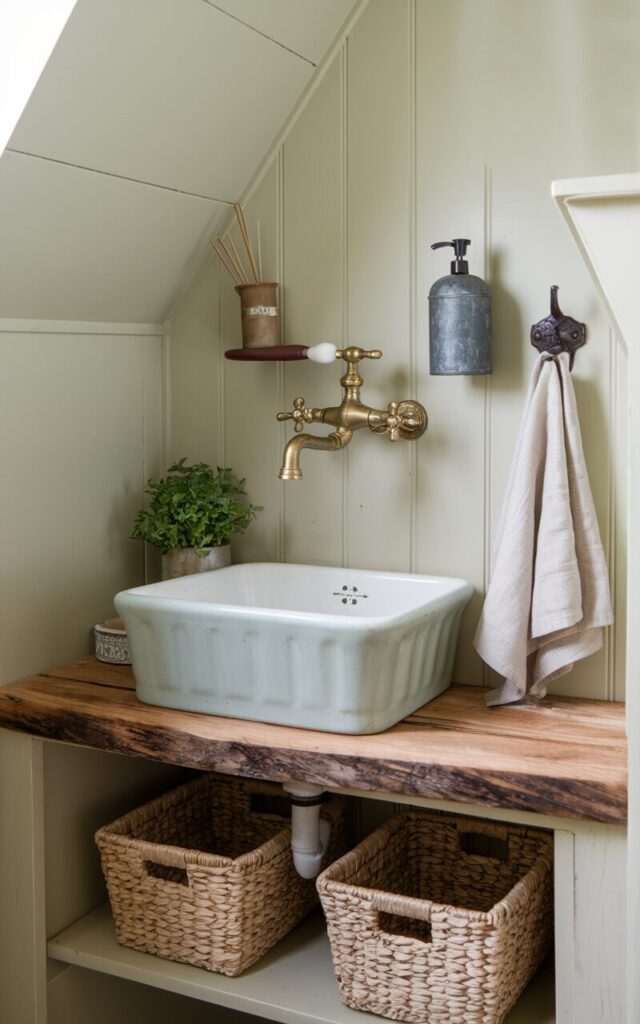 A photo of a small farmhouse bathroom with a vintage brass wall-mounted tap above a farmhouse-style ceramic sink. The sink is placed on a wooden slab countertop. Below the sink, there's an open wooden vanity holding woven baskets for storage. The walls are painted a soft cream or light sage. There's a galvanized metal soap dispenser, a linen hand towel hanging on a wrought iron hook, and a small potted herb. The overall bathroom has a cozy, practical farmhouse vibe.